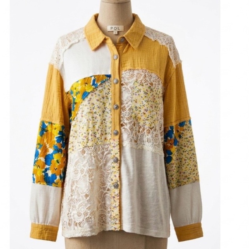POL Yellow Patchwork Mixed Media Lace Shacket - NWT Size Medium